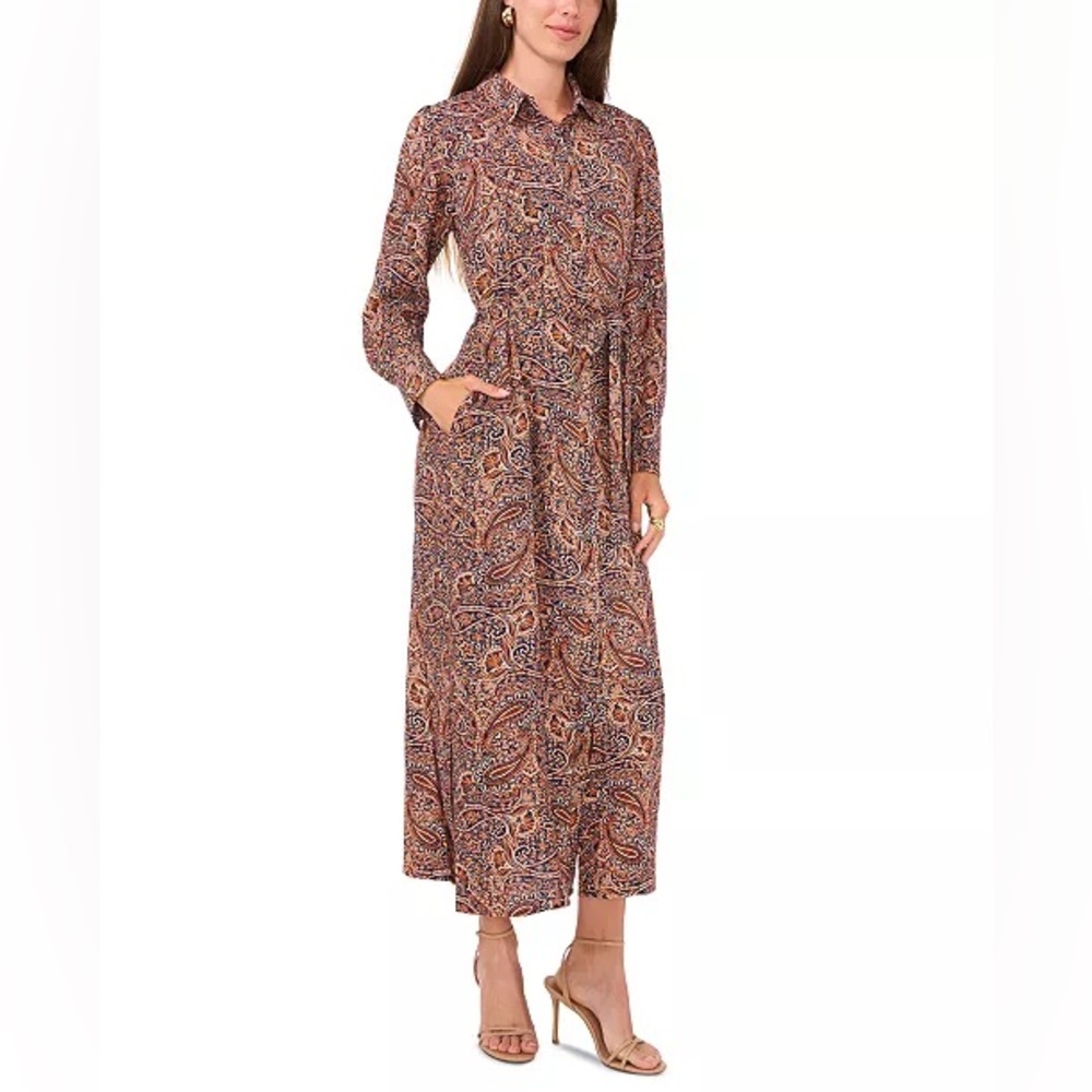 Vince Camuto Paisley Long Sleeve Belted Maxi Shirtdress
